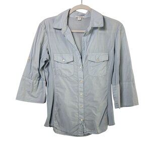 James Perse Top Womens L 3 Blue Button Up Shirt Utility 3/4 Roll Tab Sleeve
